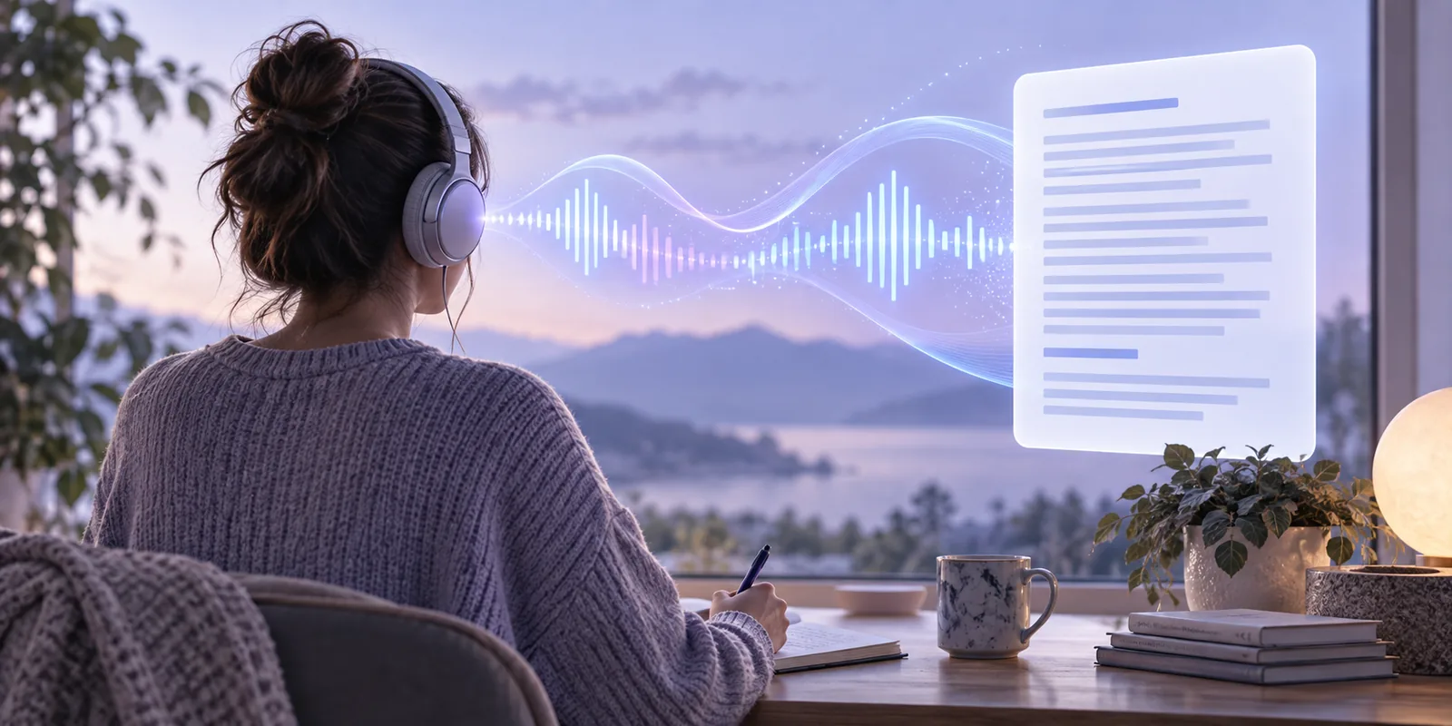 Grande illustration éditoriale d’une forme d’onde audio passant d’un casque à un panneau de transcription épuré, dans une palette apaisante de lavande et de bleu