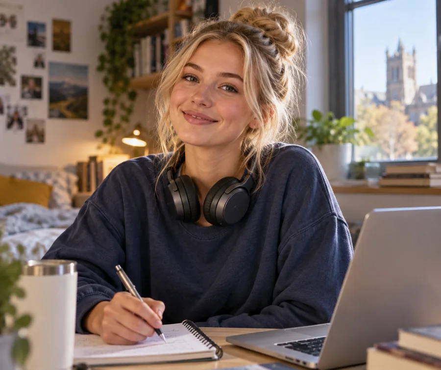 Portrait illustré chaleureux d’une jeune étudiante universitaire aux cheveux blonds, souriant sous une lumière douce