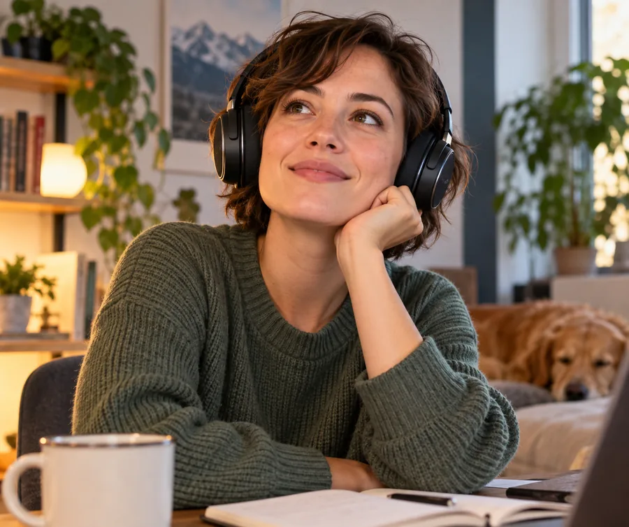 Portrait illustré sympathique d’un auditeur de podcast aux cheveux bruns courts portant un casque audio