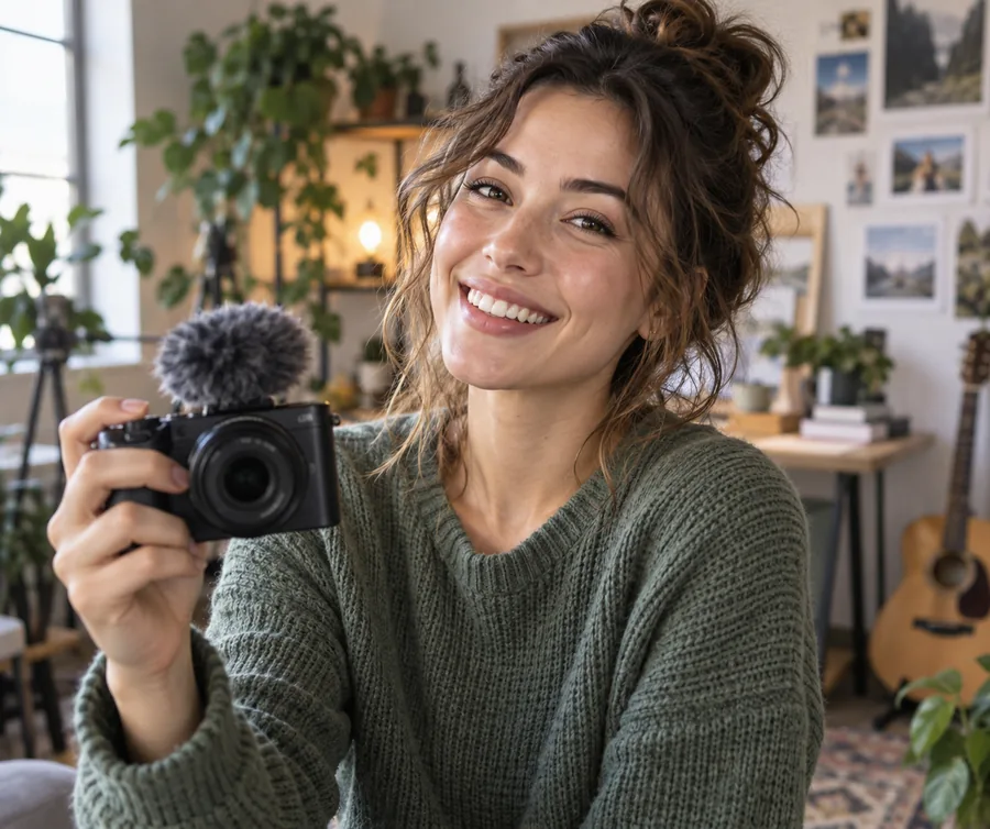 Portrait illustré sympathique d’un jeune créateur de contenu tenant une petite caméra et souriant