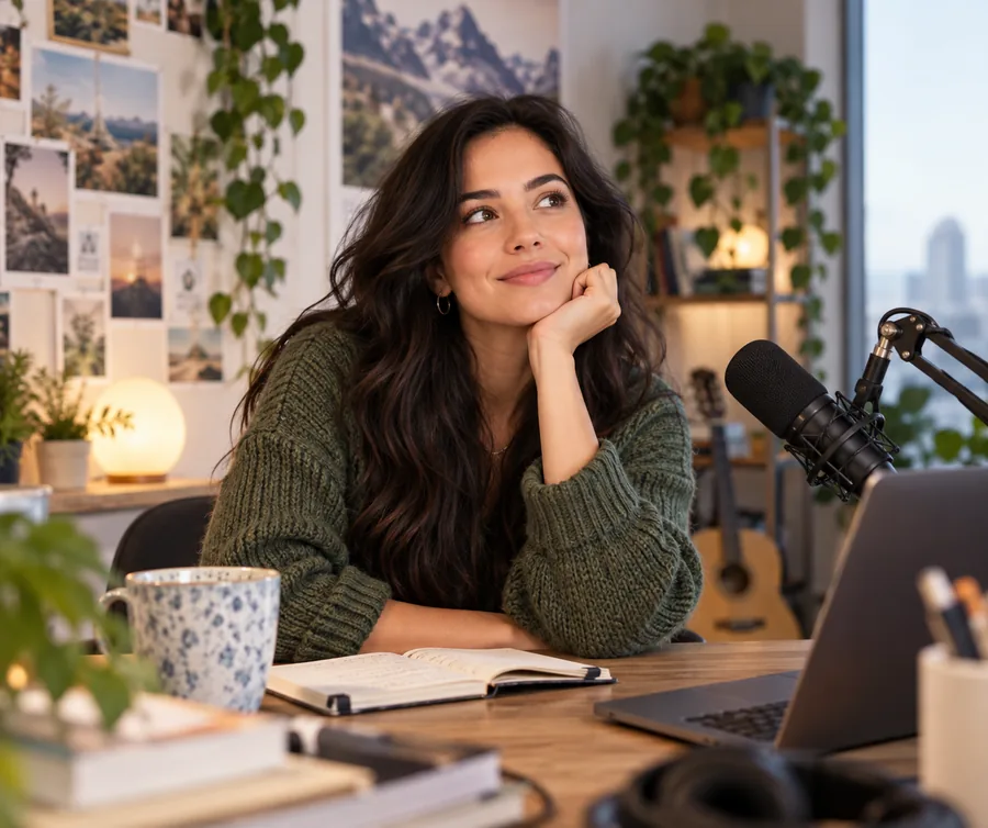 Portrait illustré sympathique d’un marketeur créatif aux cheveux longs et foncés, affichant un sourire pensif