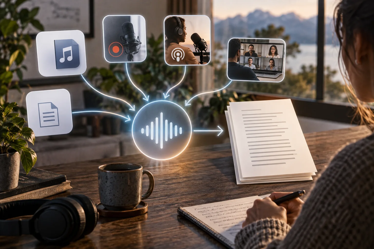 Illustration éditoriale de formats MP3, d’enregistrement vocal, de podcast, d’appel vidéo et de document entourant un processus de transcription audio