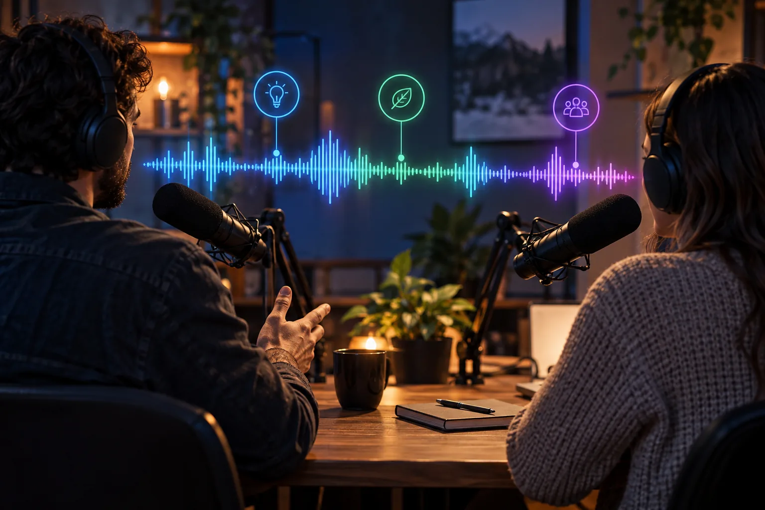 Forme d’onde illustrée d’un entretien de podcast avec des microphones et des sujets mis en évidence