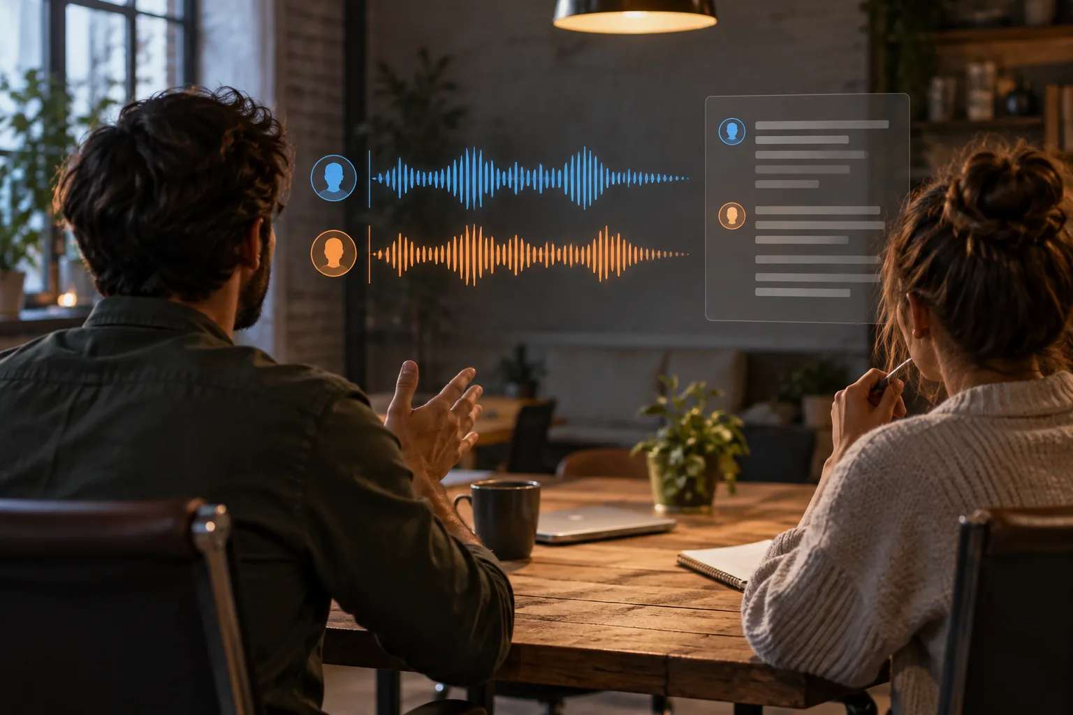Forme d’onde audio illustrée d’une réunion de projet avec deux intervenants et un panneau de transcription