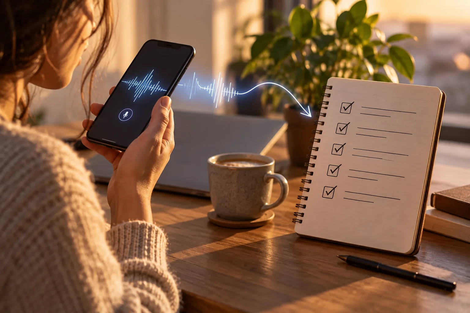 Note vocale illustrée sur smartphone transformée en une liste de tâches concise